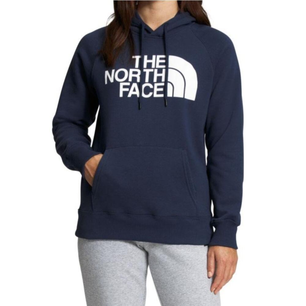 The North Face Womens Navy Half Dome Hoodie Chest Logo Drawstring Hood Size 2X
